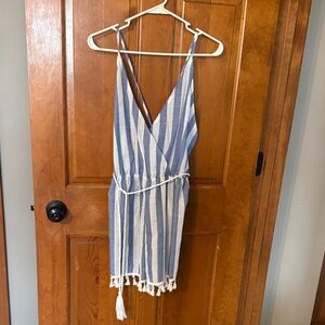 Blue and White Striped Romper with Tassels